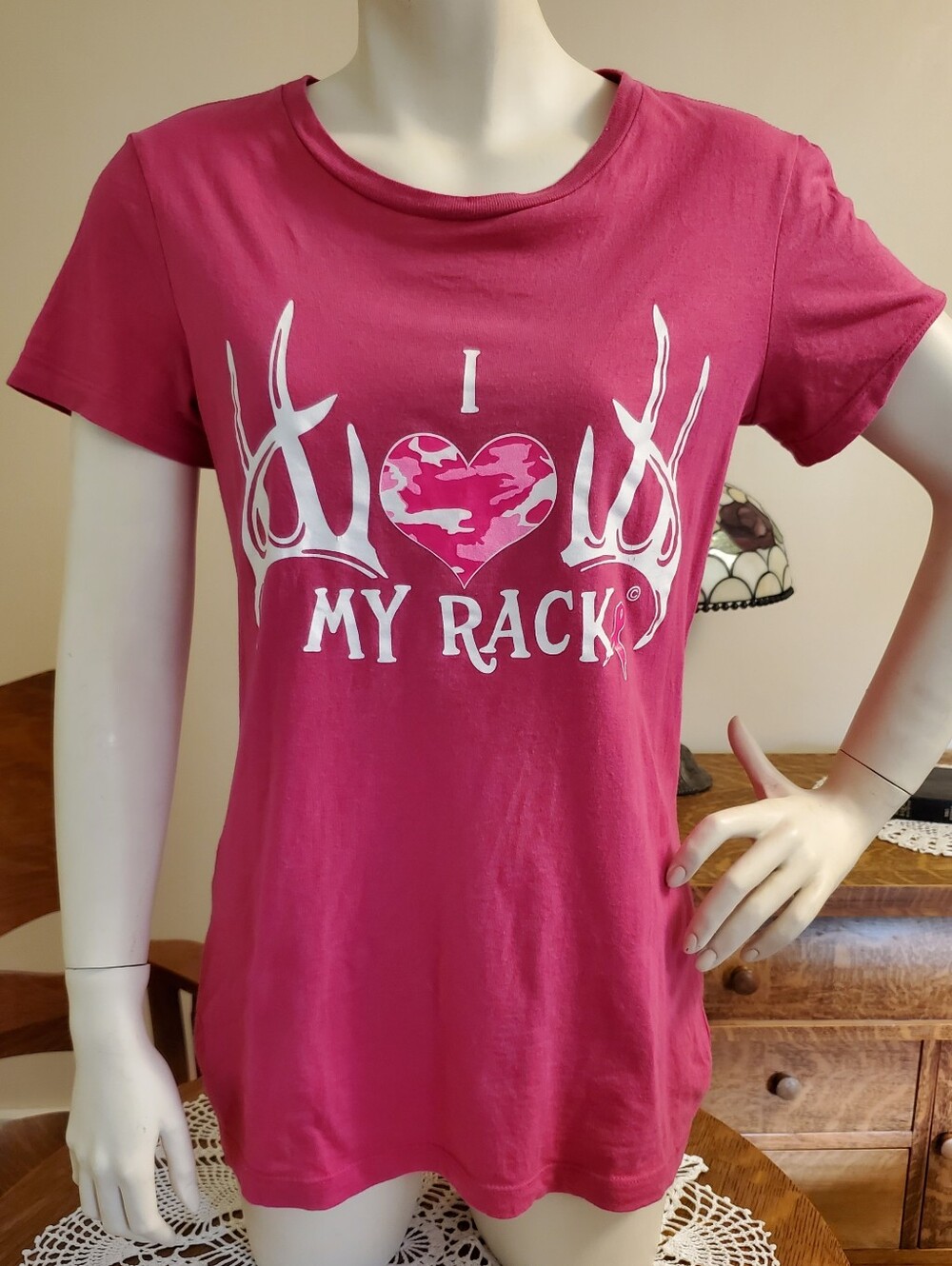 EUC BELLA I Love My Rack Fitted Pink T-Shirt Sz Medium Cancer Tee Heart Antler